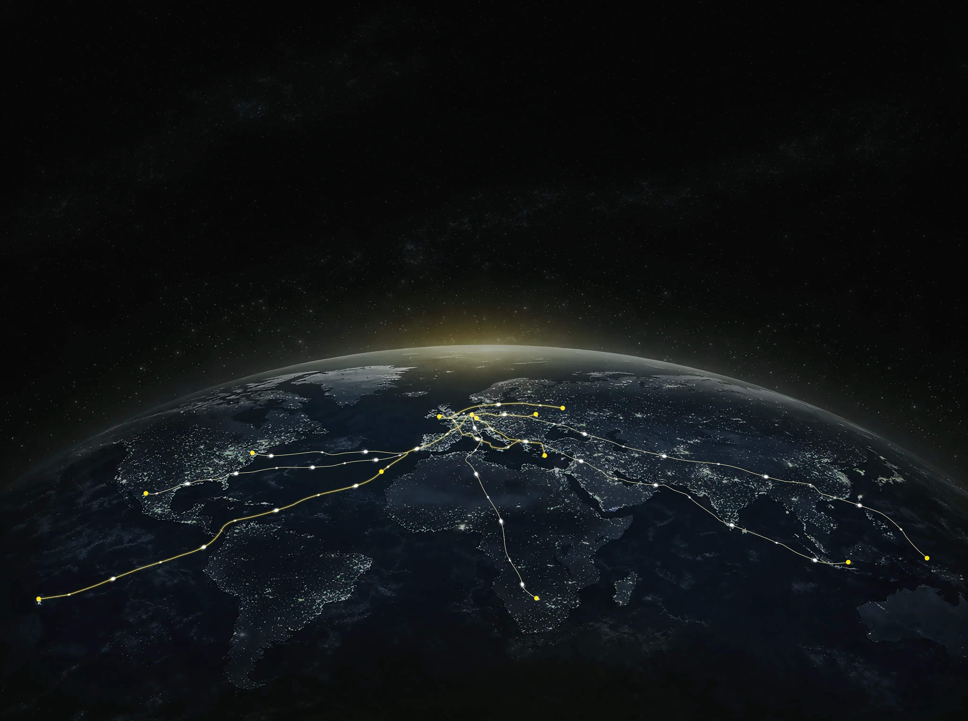 Night view of Earth from space showing illuminated continents with yellow and white lines connecting various global points, suggesting communication or travel routes converging around Europe and extending across the Americas, Africa, and Asia.