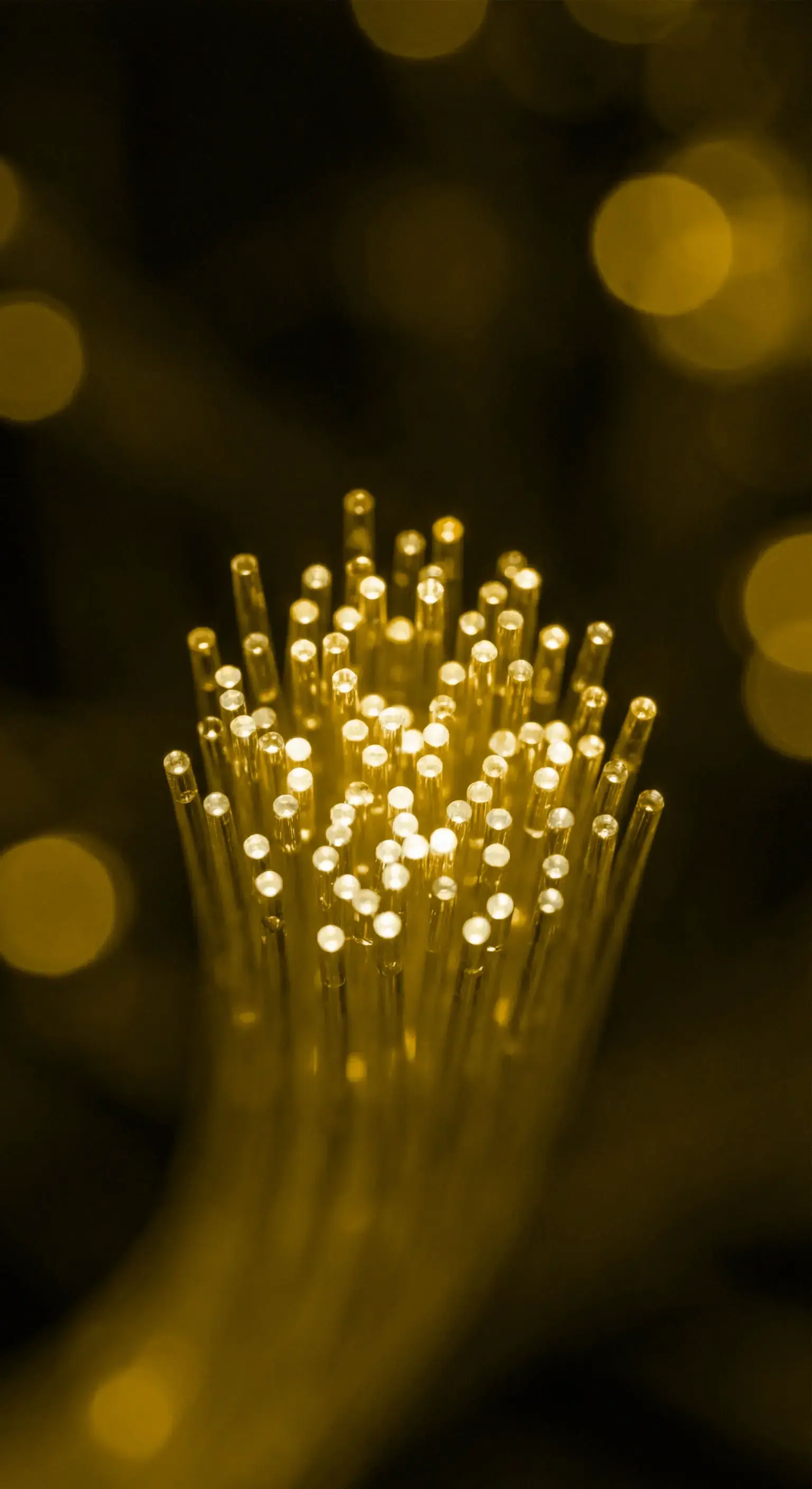 Close-up of glowing fiber optic strands emitting soft yellow light against a dark background.