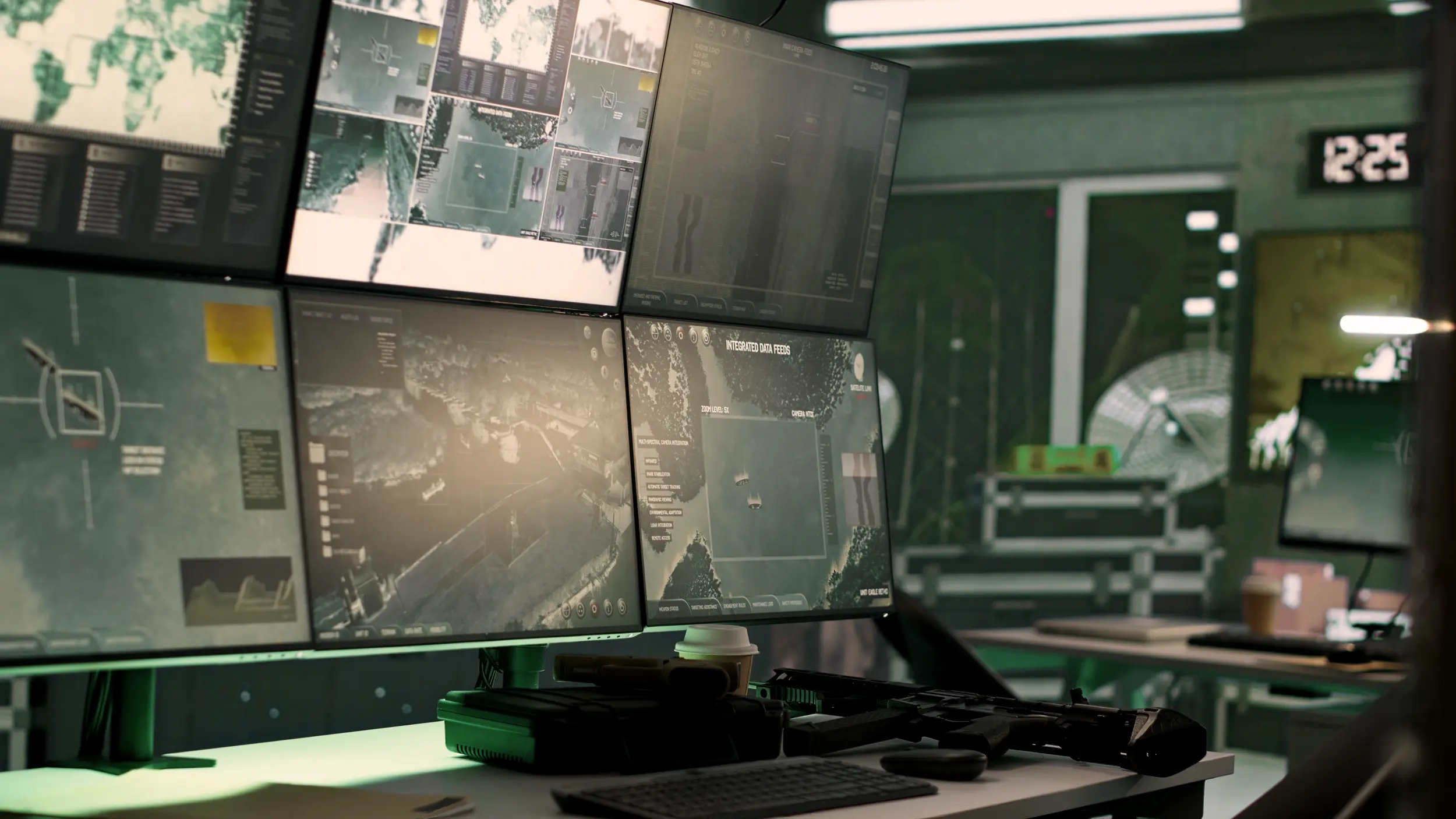 Security control room with multiple large monitors displaying aerial surveillance images, maps, and data feeds, a keyboard, a coffee cup, and a rifle on the desk beneath them.