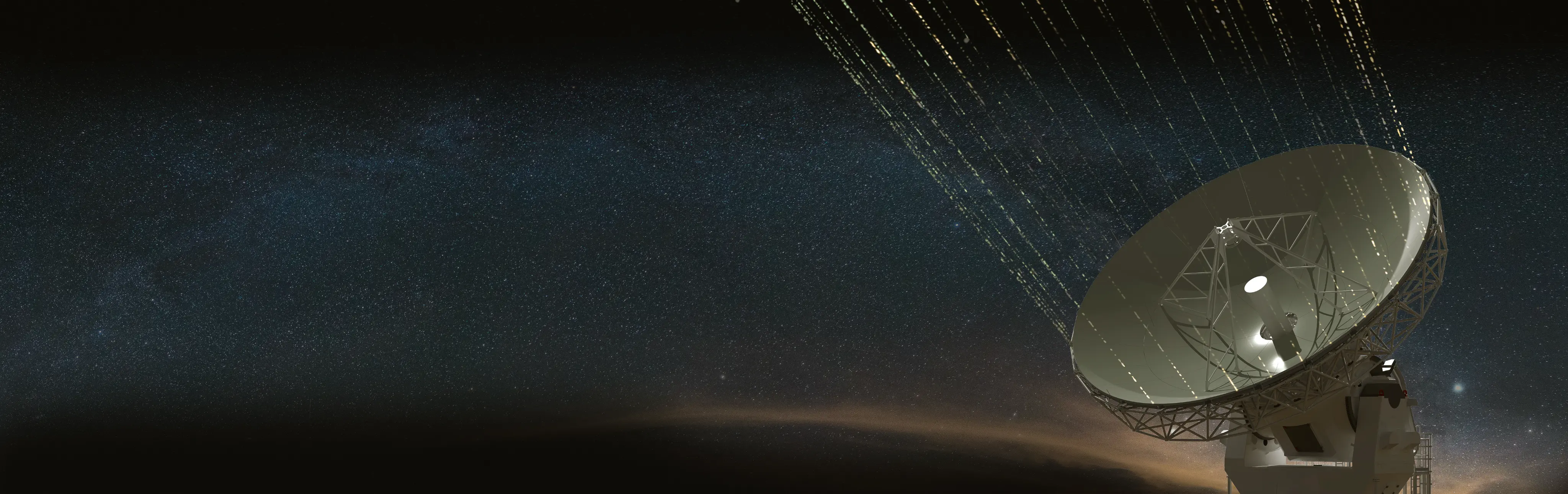 Large radio telescope dish pointing upwards against a star-filled night sky with faint light streaks extending from the dish into space.