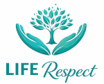 Logo with two teal hands cupping a tree with leaves above the text 'LIFE Respect'.