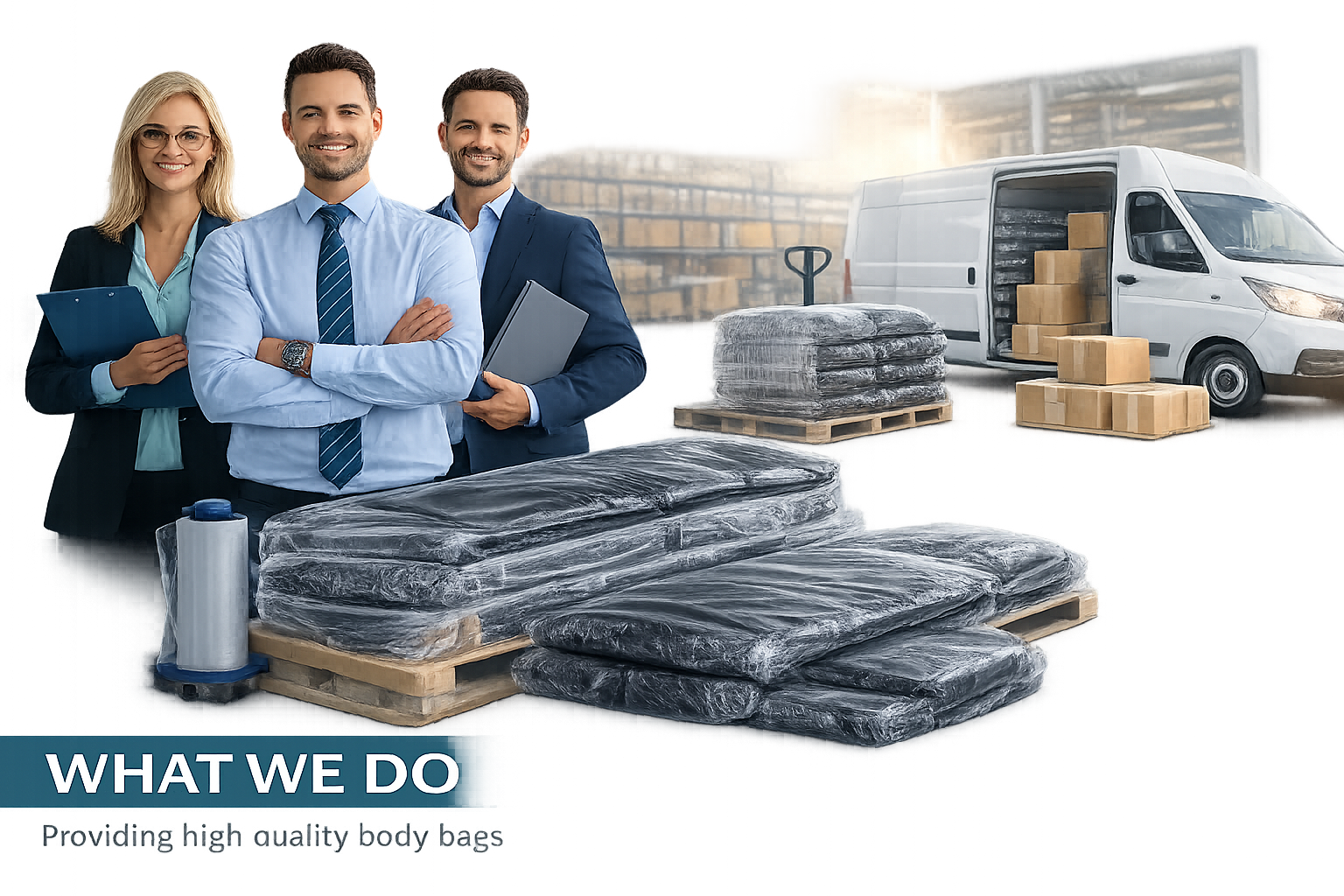Three business professionals standing beside pallets of wrapped body bags and boxes near a delivery van with text stating 'WHAT WE DO" Providing high quality body bags'.