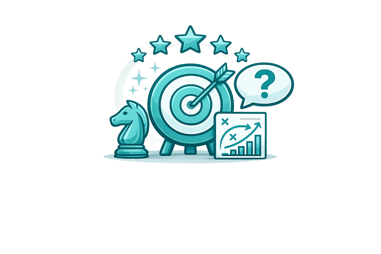 Illustration of a chess knight, a target with an arrow, a strategy chart, and a speech bubble with a question mark, symbolizing strategic planning and goal setting.