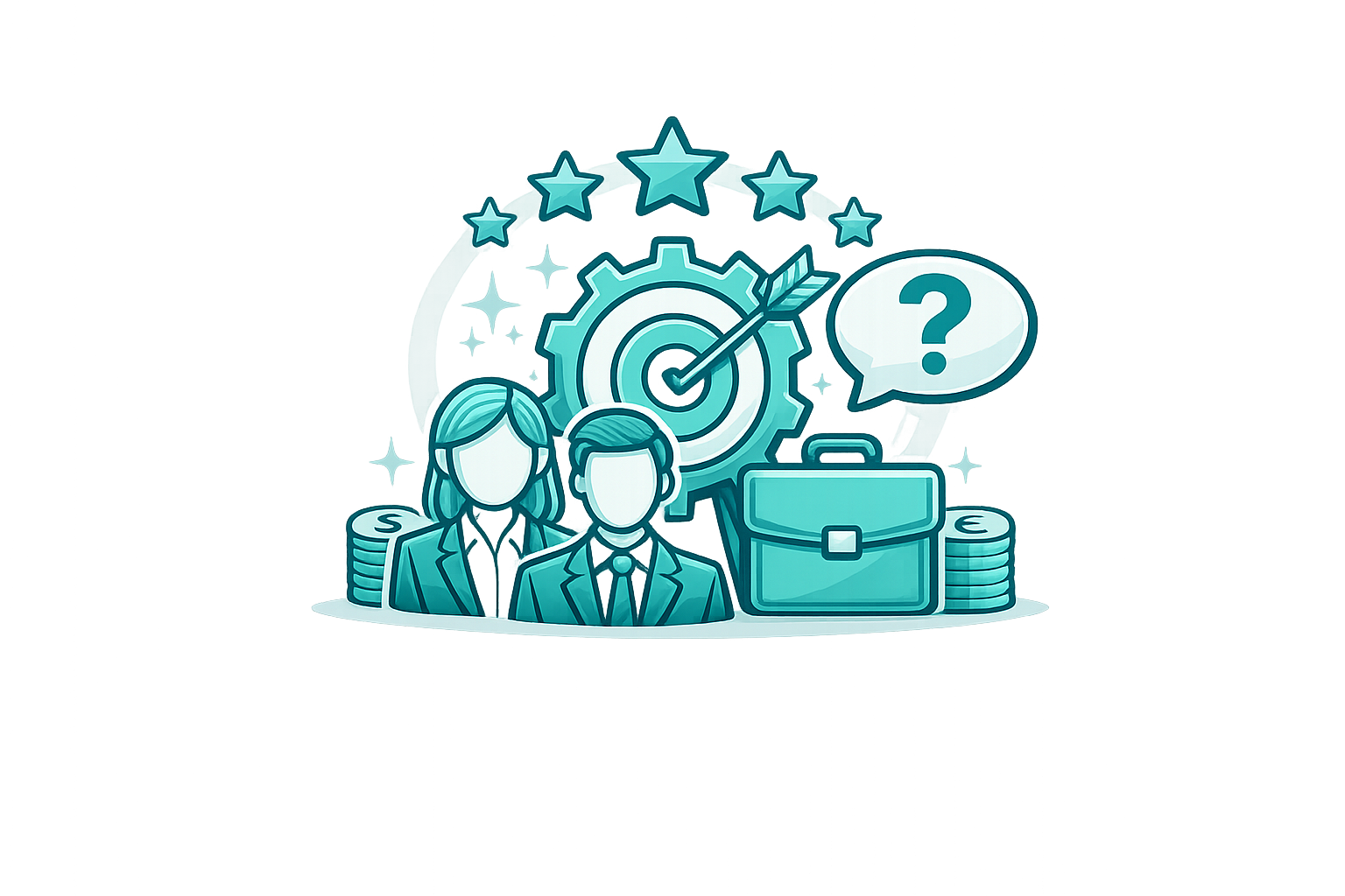 Illustration of two faceless business people with a target and arrow, briefcase, question mark, coins, and five stars above representing business goals and teamwork.