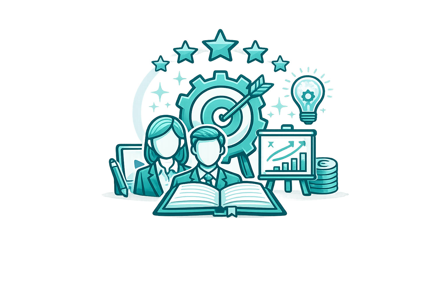 Illustration of faceless business people with an open book, target with arrow, five stars, lightbulb, presentation board with growth chart, coins, pencil, and play button icon.