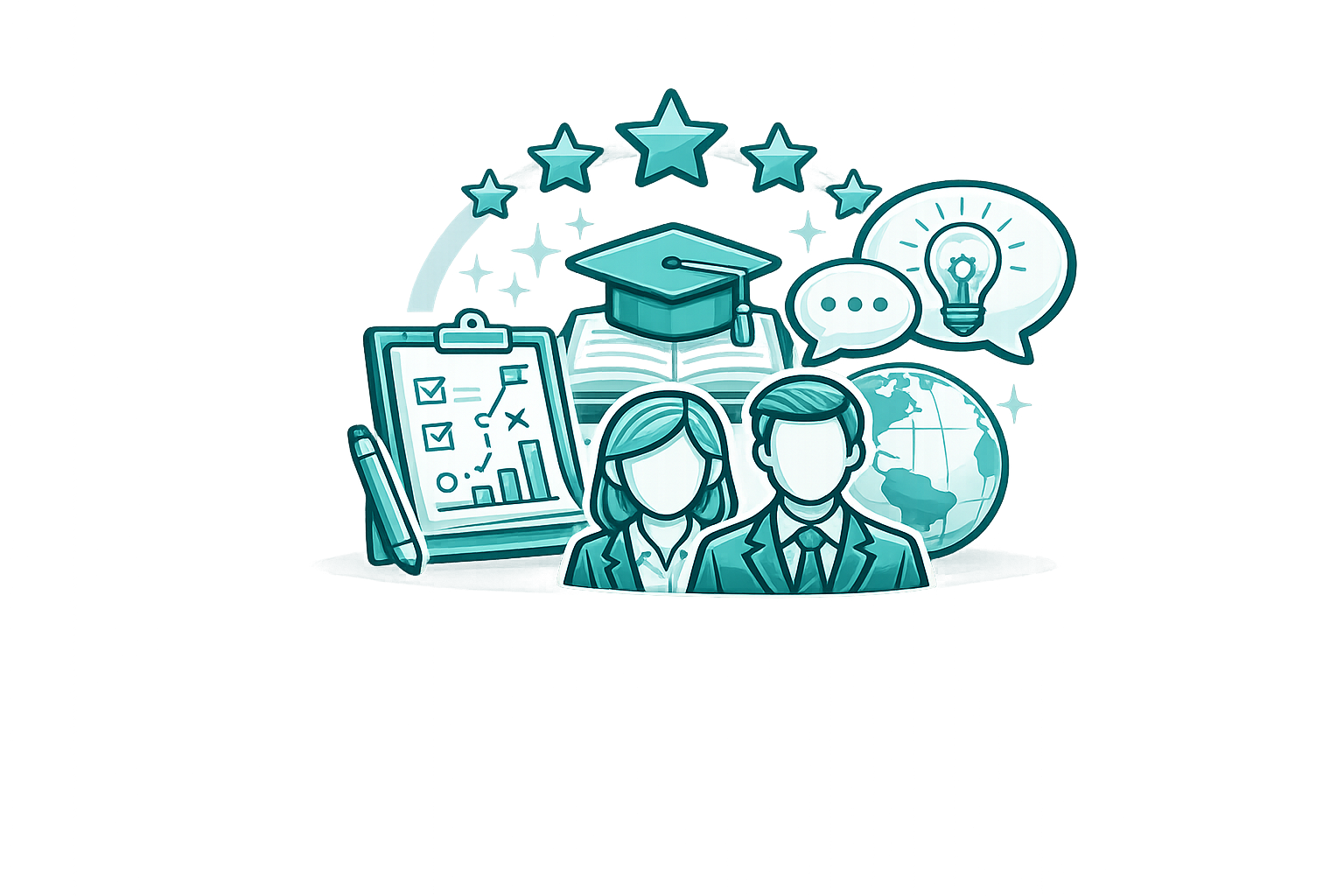 Illustration of two business professionals with icons of a clipboard with charts, a graduation cap and book, speech bubbles, a lightbulb, a globe, and stars representing education and communication.