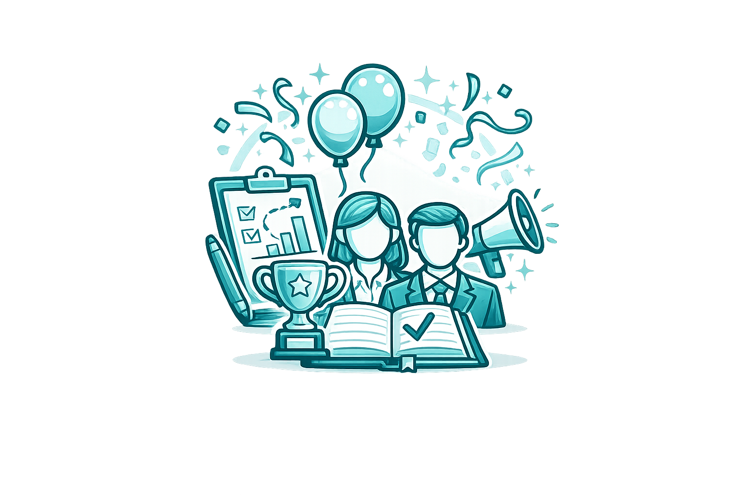Illustration of a businesswoman and businessman with a trophy, open book with checkmark, clipboard with graph, megaphone, balloons, and confetti symbolizing success and achievement.