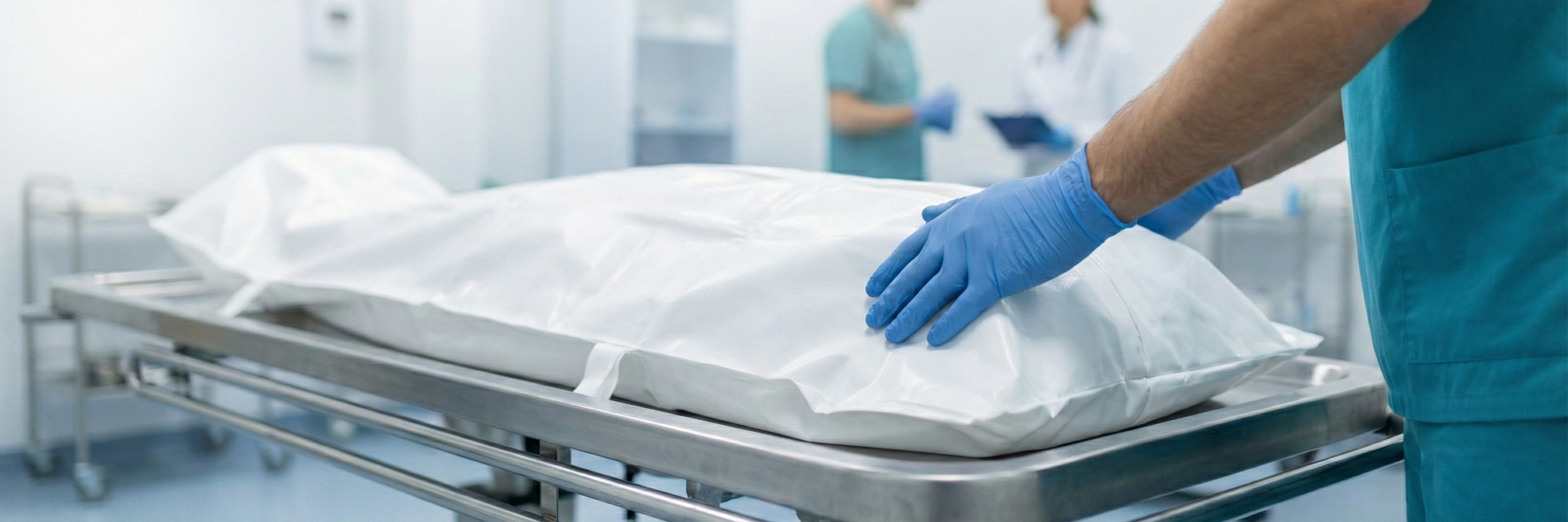 Handling a human body bag white on a stainless steel stretcher in a hospital setting.