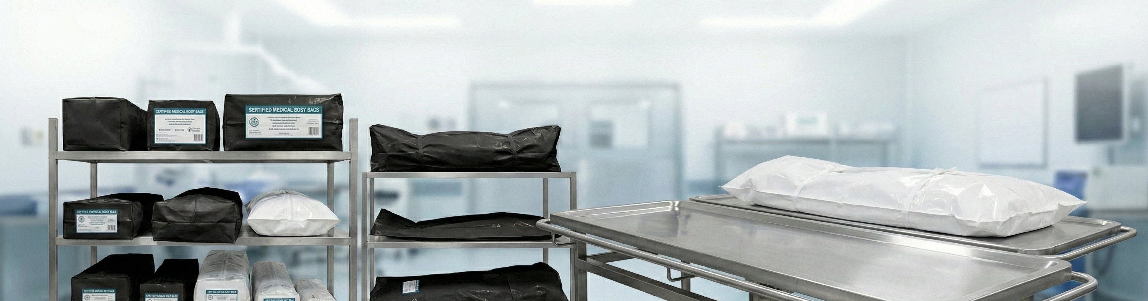 Sterile medical body bags and packages on metal shelves next to a stainless steel autopsy table with a sealed white body bag in a clinical room.