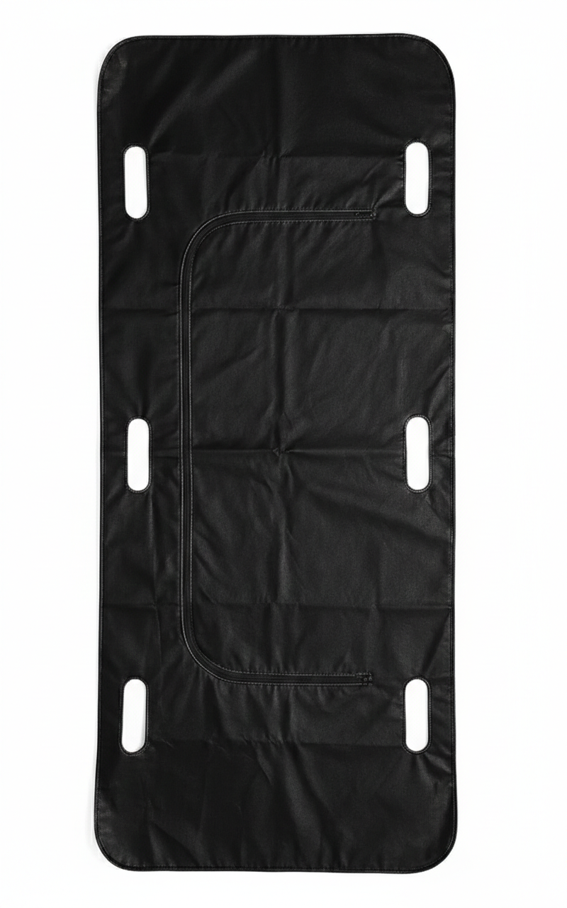 White body bag with black handles and a central zipper on a gray background.