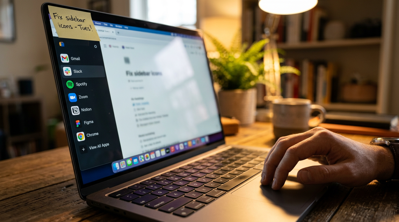 Close-up of a laptop sidebar showing connected app icons with a hand on the trackpad under warm desk lamp light