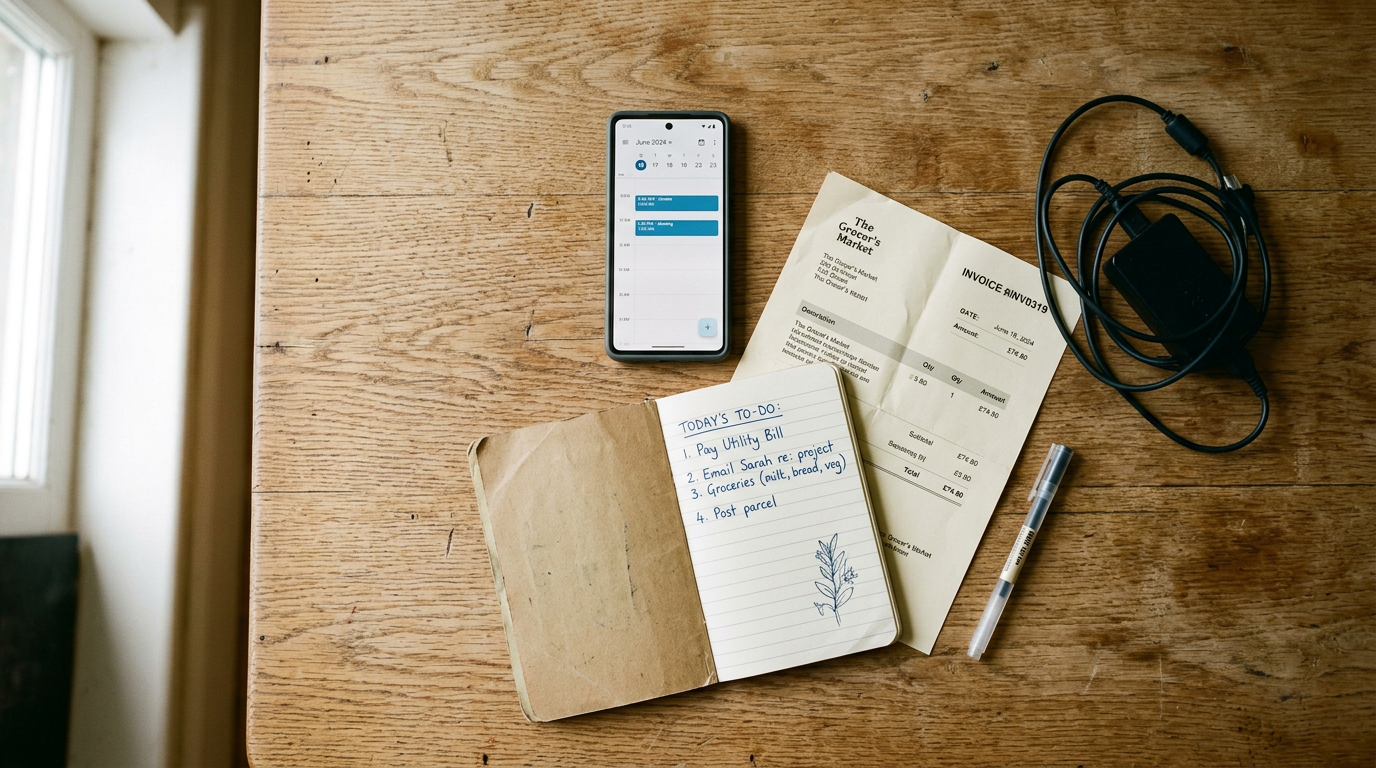 Flat lay of everyday work objects arranged on a wooden kitchen table in natural morning light