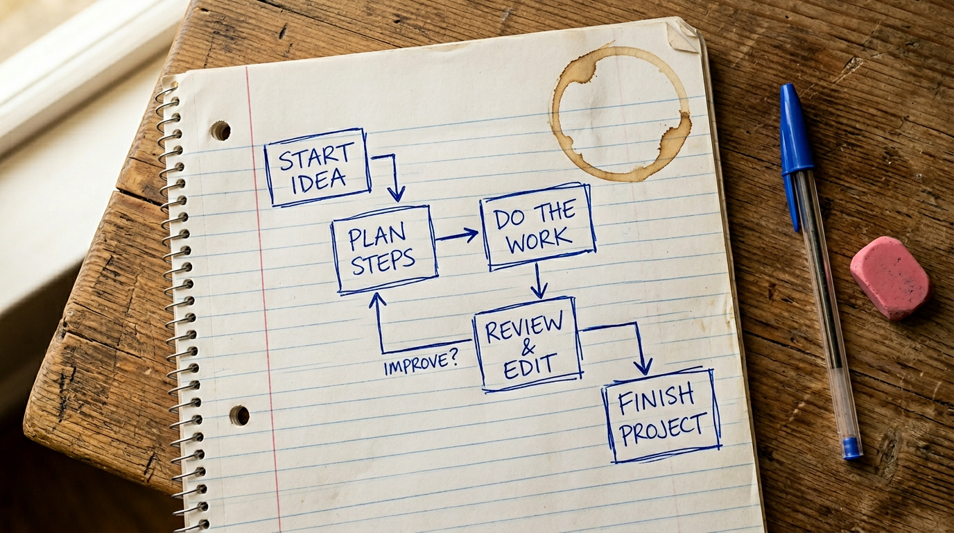 Hand-drawn flowchart on lined notebook paper on a timber desk with pens and a coffee ring