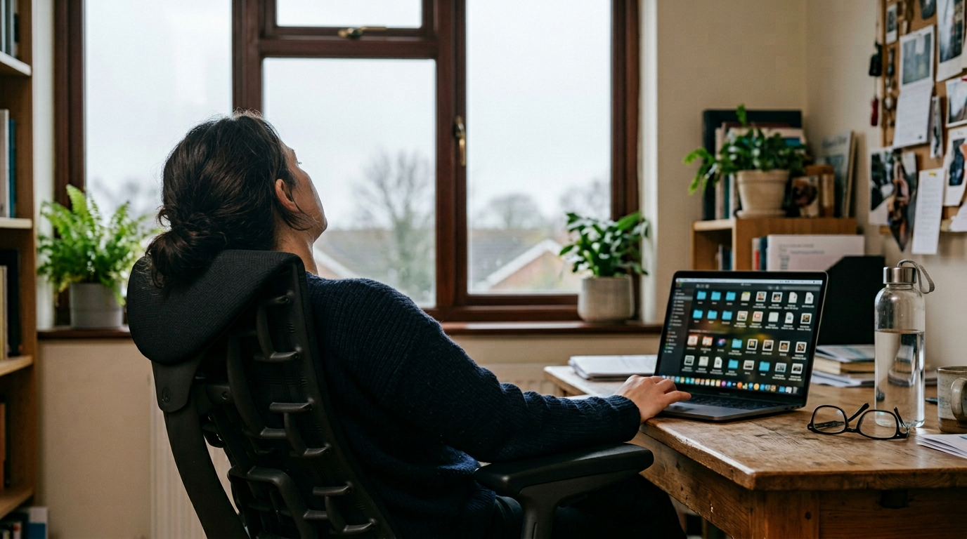 Person leaning back in a chair browsing a grid of app icons on a laptop with an overcast window behind them