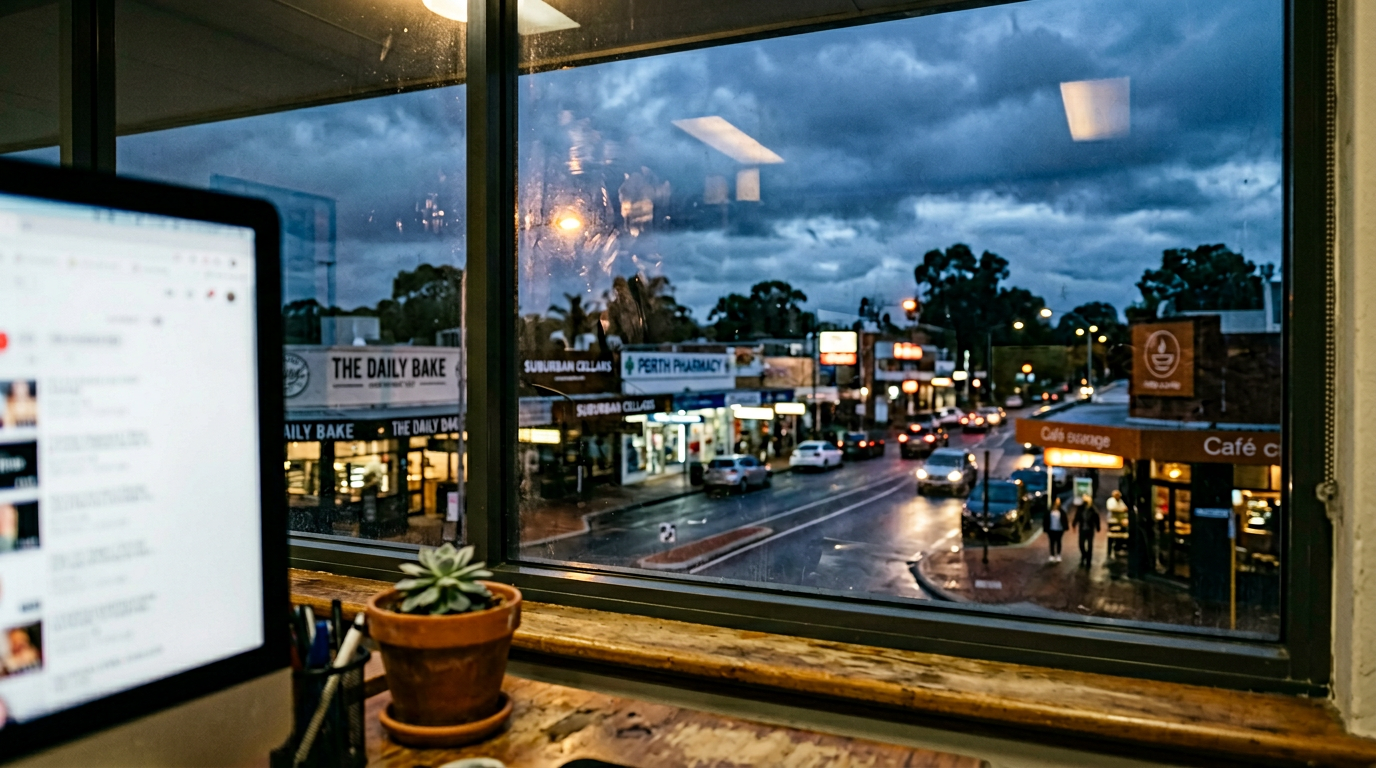 Dusk view through a smudged office window showing suburban shopfronts with a monitor and succulent in the foreground