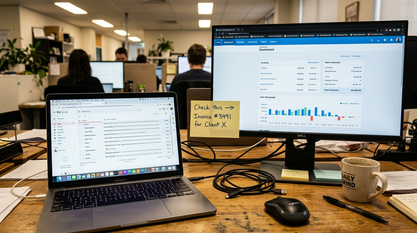 Two monitors showing Gmail and Xero on a desk with a sticky note connecting them