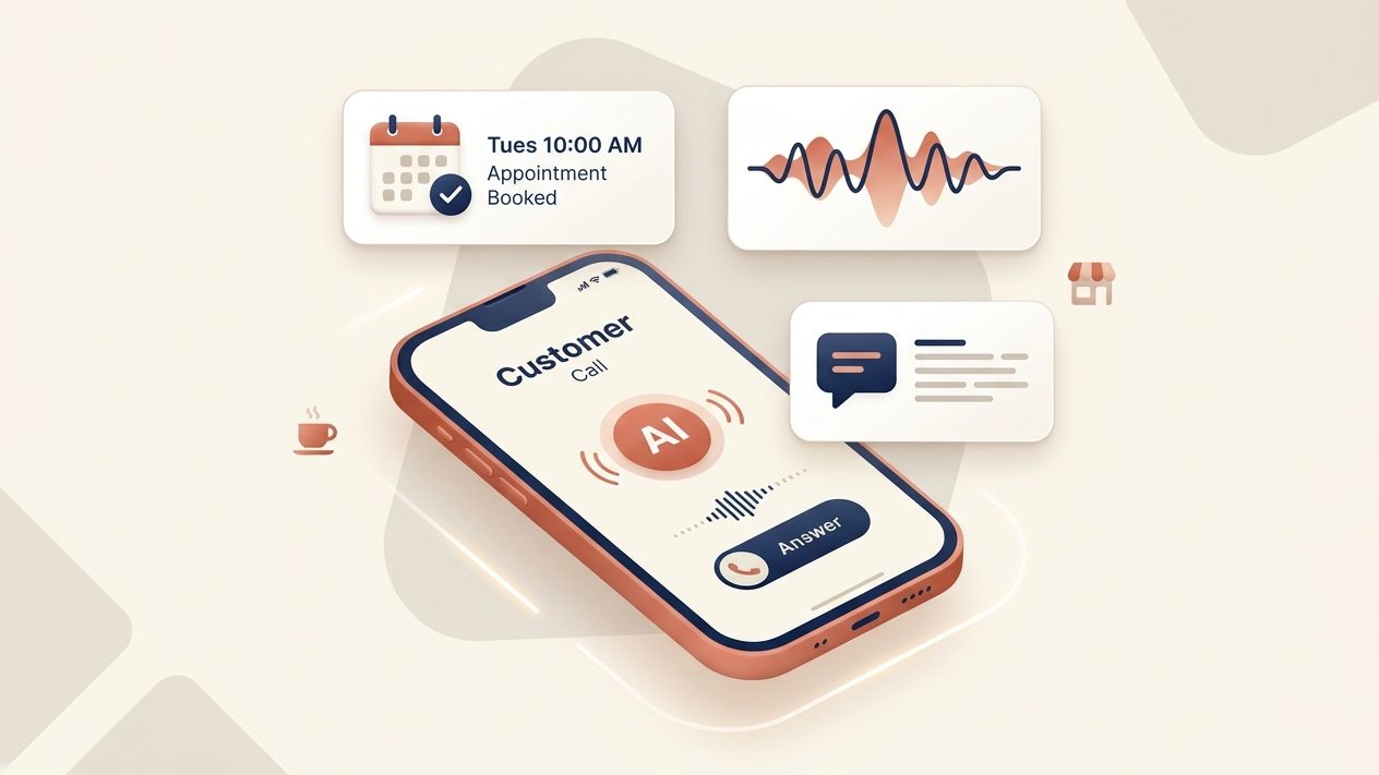 AI receptionist answering a business call on a phone, with a booked-appointment confirmation and call transcript