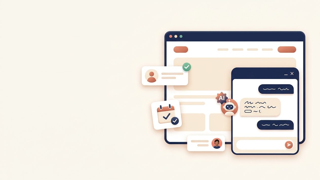 AI chatbot widget on a business website answering a customer and capturing a lead, with handoff to a person