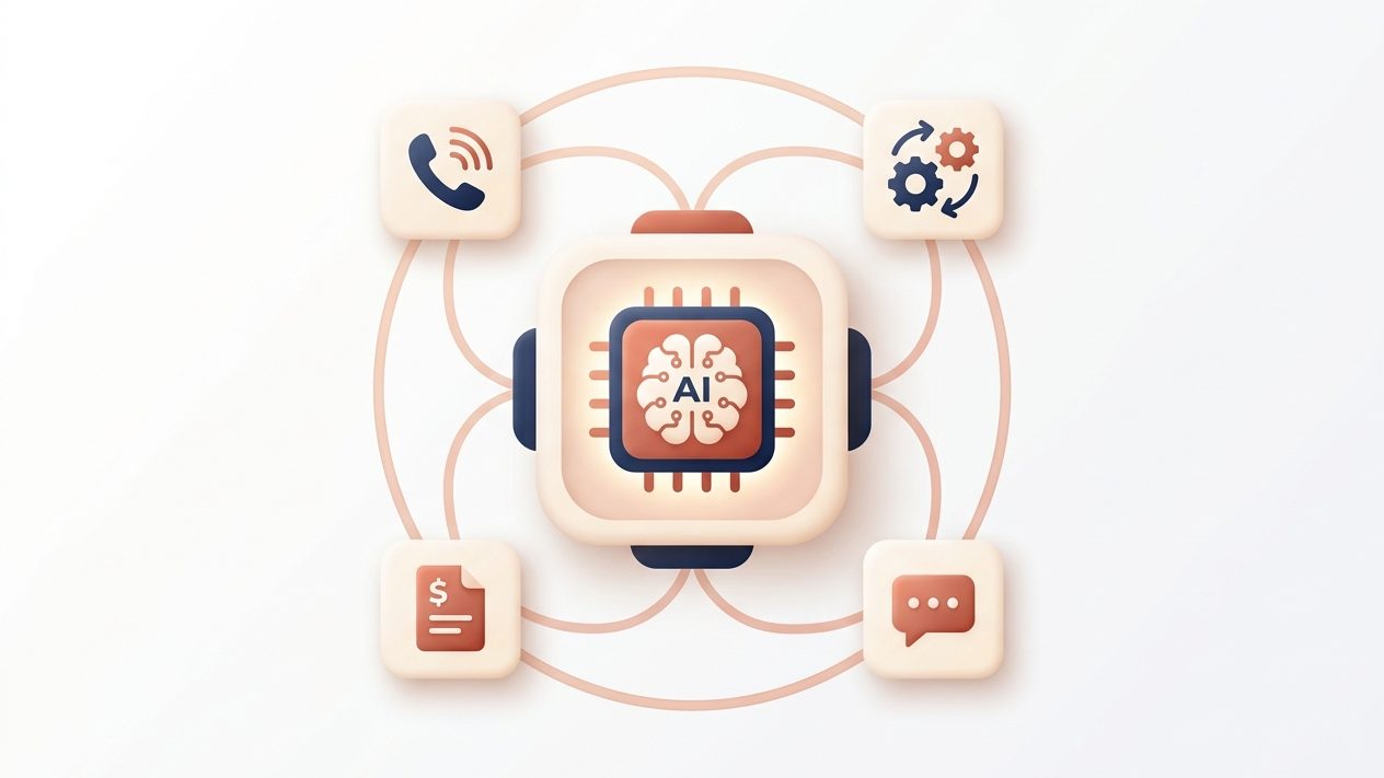 AI automation hub connecting phone answering, workflows, quoting and invoicing, and chat for an Australian business