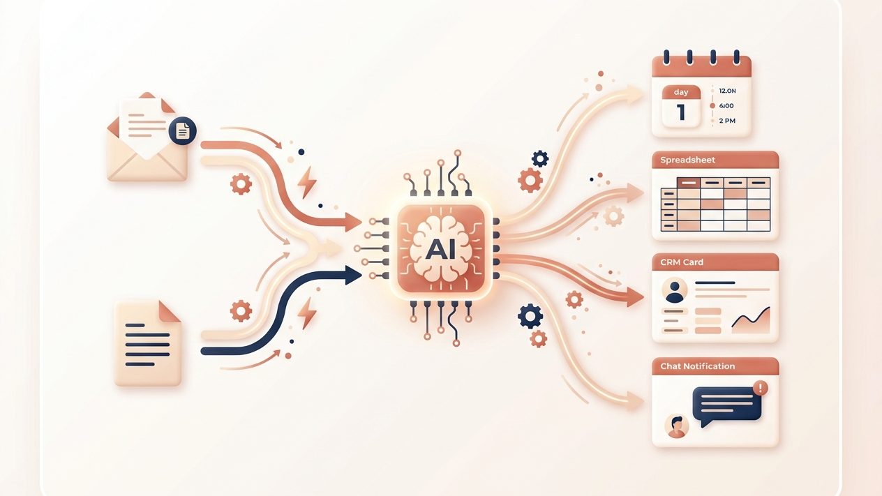 AI workflow automation flow: emails and documents flowing through an AI node into a calendar, spreadsheet, CRM, and chat