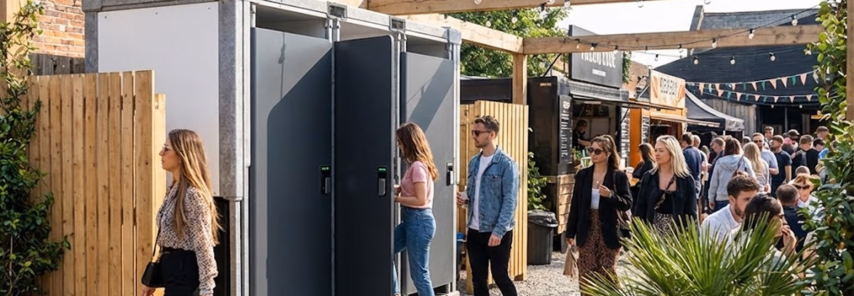Outdoor event with people using gray portable restrooms with digital access locks