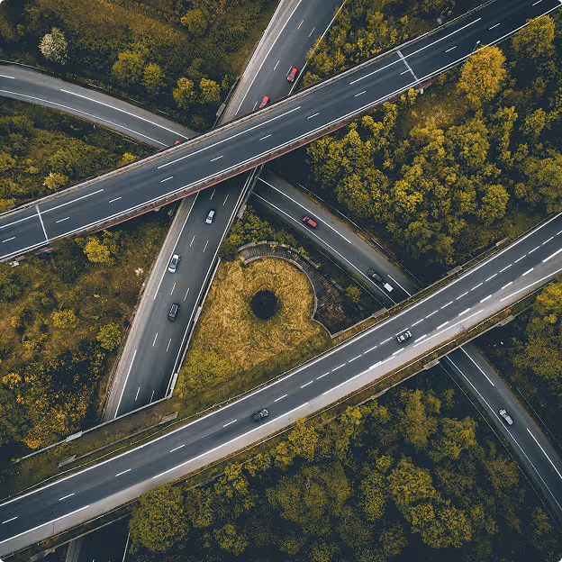Aerial view of intersecting highway overpasses surrounded by green trees