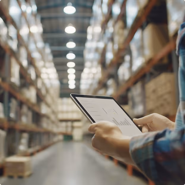 Person holding tablet with data charts inside large warehouse aisle with stacked boxes on shelves