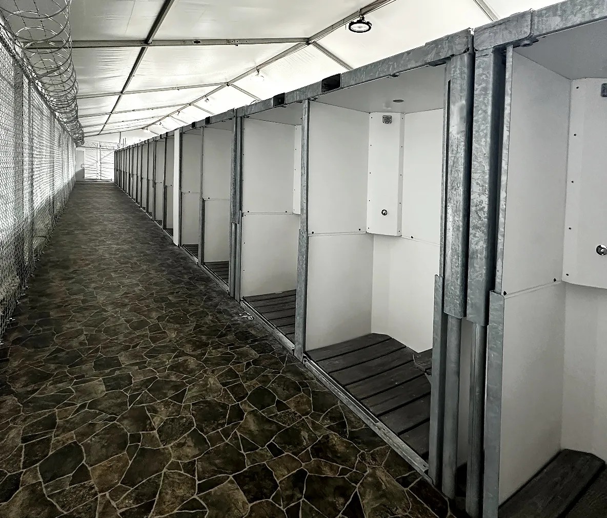 Row of indoor shower stalls with white walls and wooden slat floors in facility with chain-link fence and barbed wire ceiling