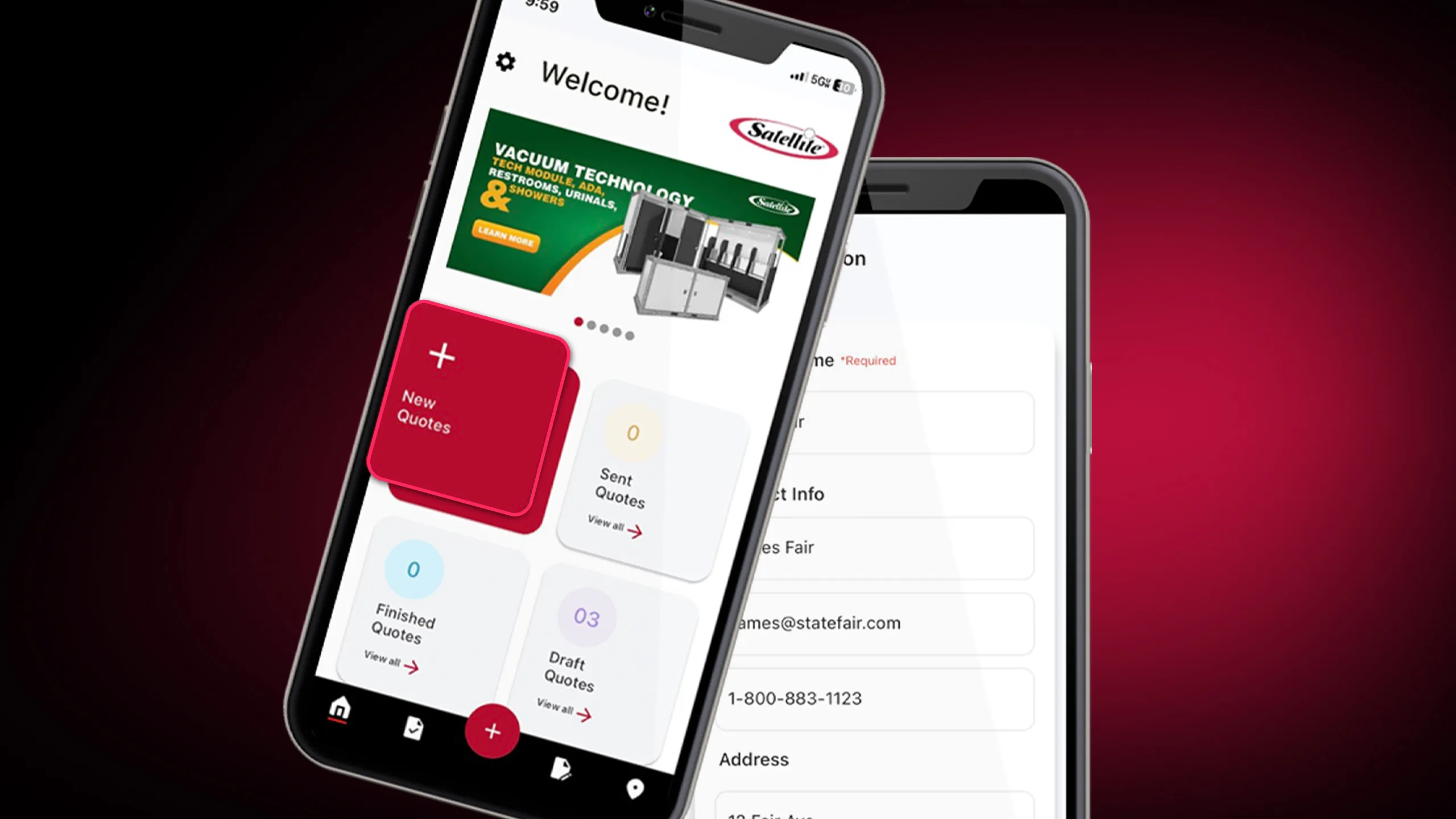 Two smartphones displaying different screens of a portable sanitation quote calculator app against a dark red background