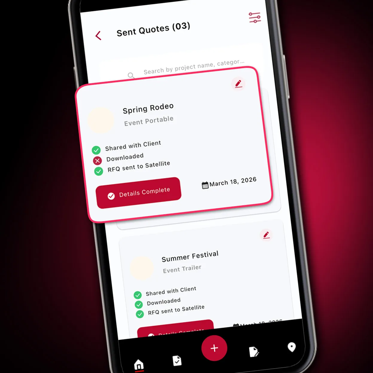 Smartphone screen showing a quote tracking app with a highlighted "Spring Rodeo" event portable quote details.