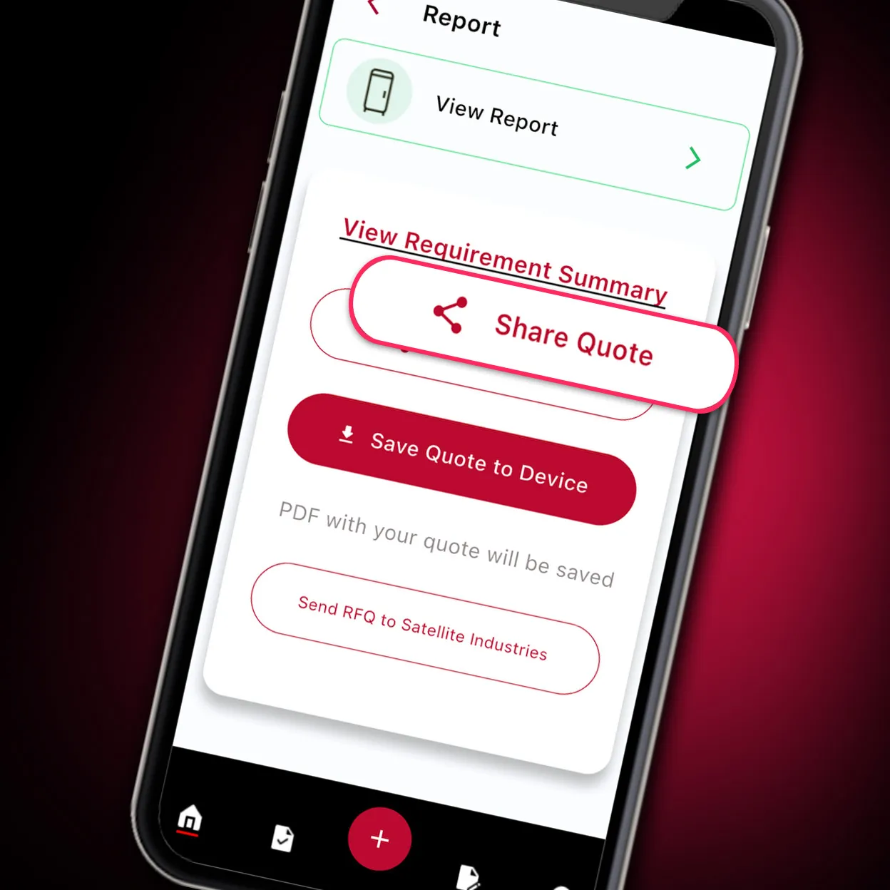 Smartphone screen showing calculator app interface with "Share Quote" and "Save Quote to Device" buttons