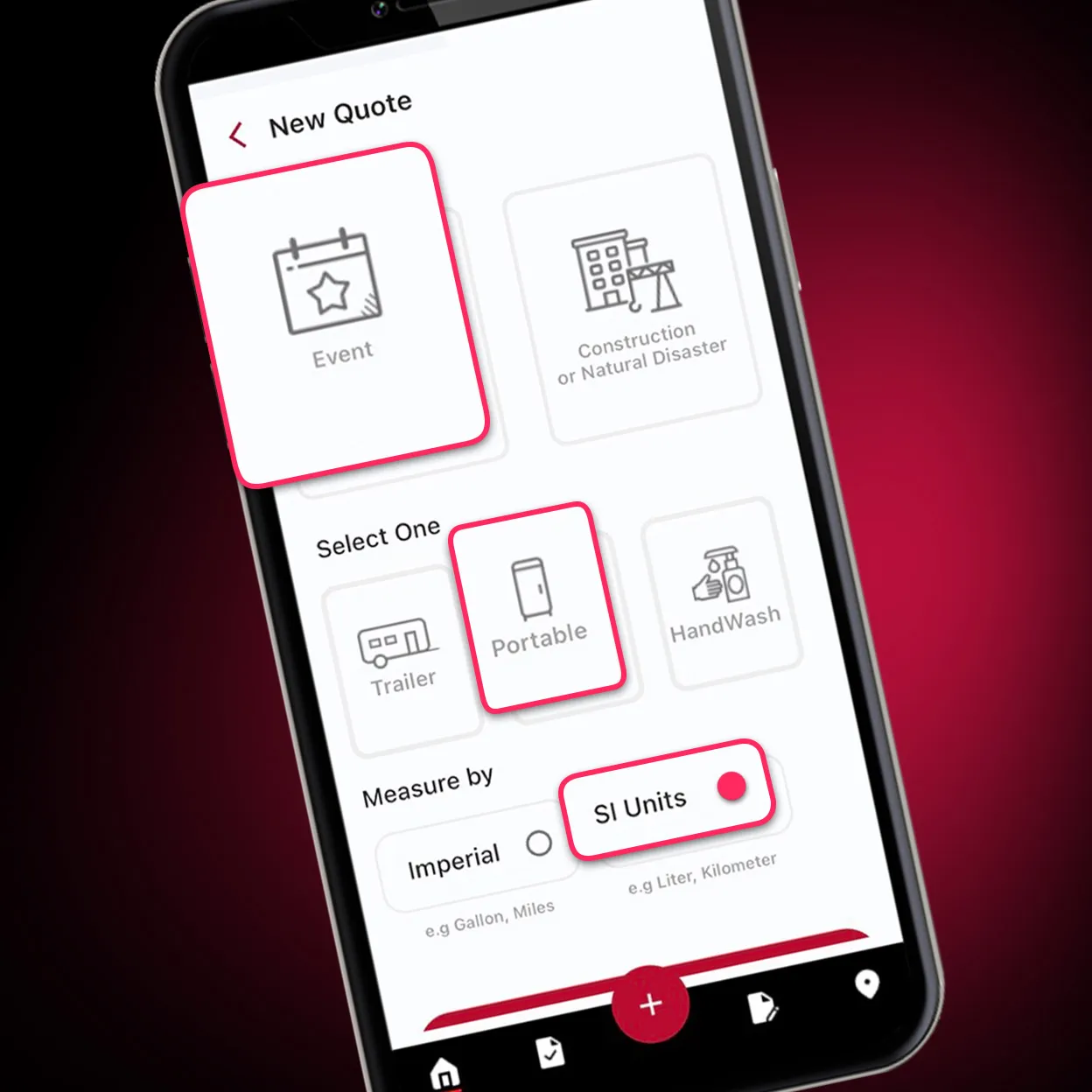 Smartphone screen showing new quote selection with event, portable, and SI units options highlighted