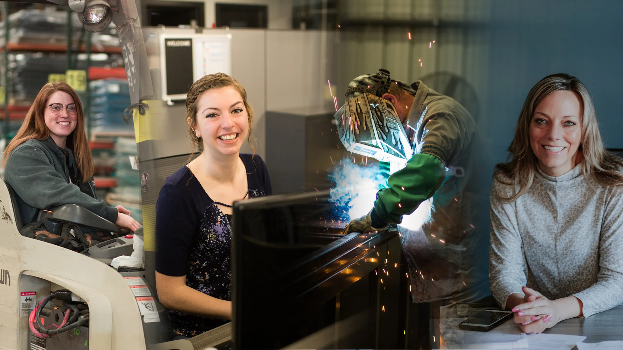 Collage of four people in different work settings: woman operating forklift in warehouse, woman smiling at desk, worker welding metal with sparks, woman sitting at table with smartphone and papers