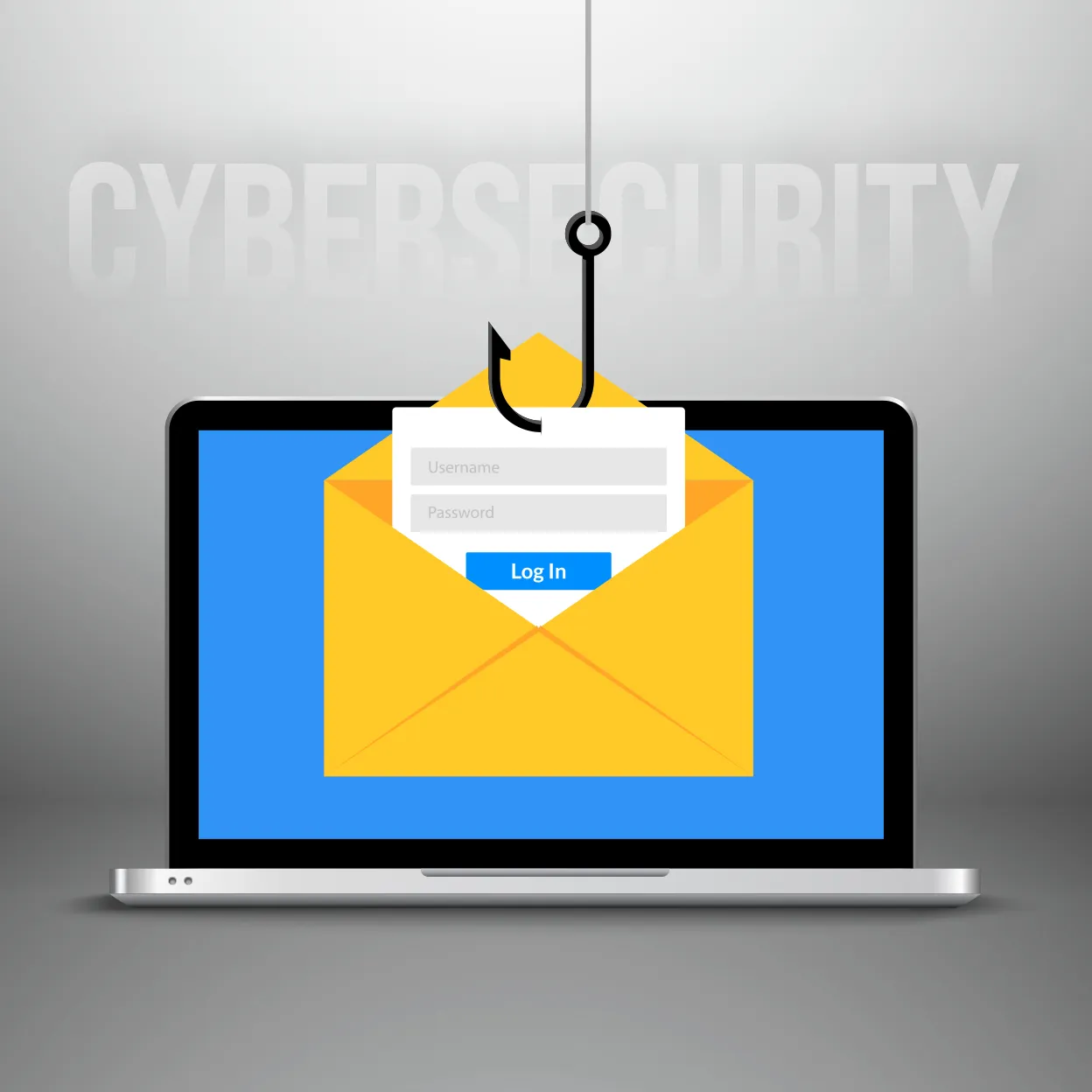 Laptop screen displaying phishing email with login form on a fishing hook and the word cybersecurity in the background
