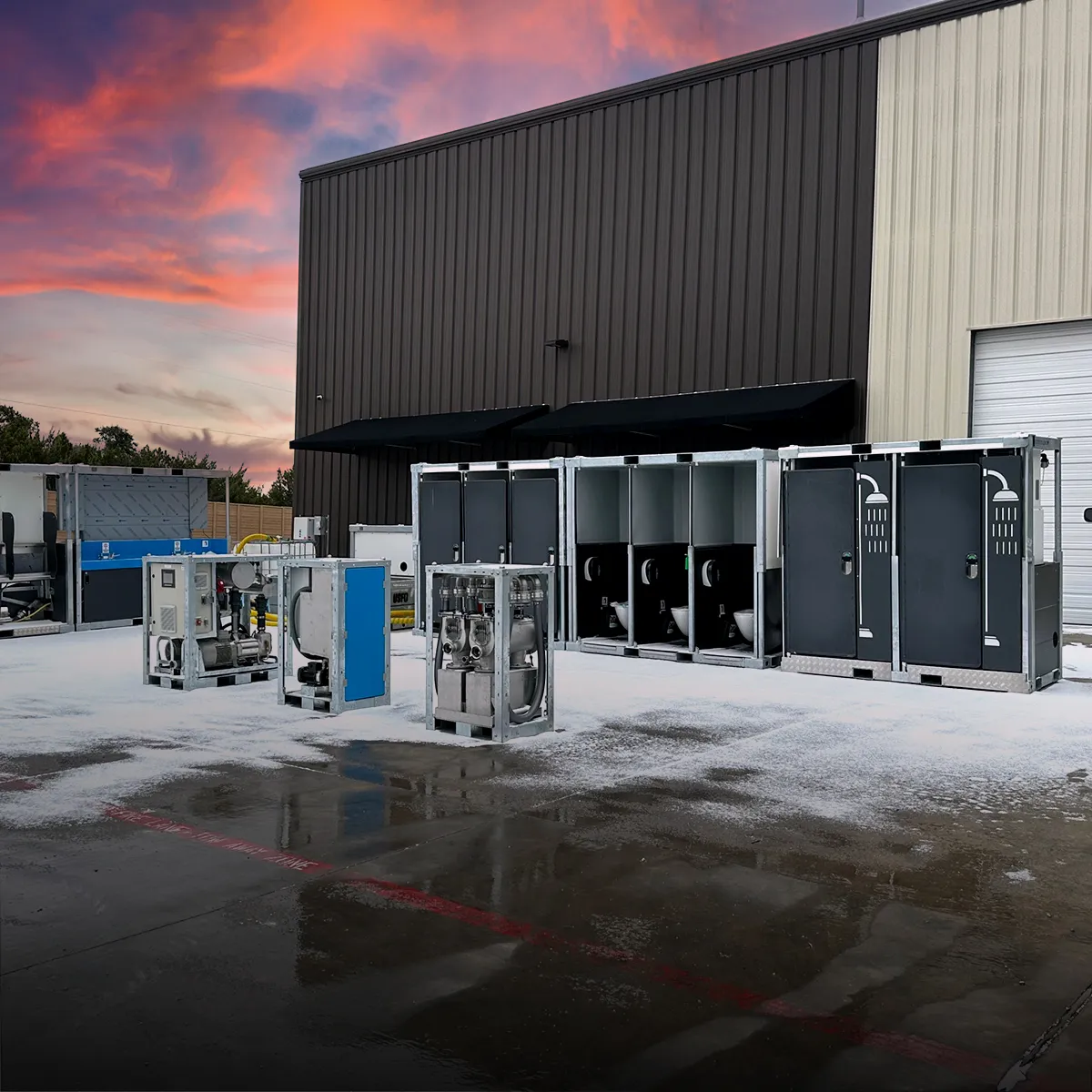 Portable sanitation shower and pump equipment units arranged outside a building at sunset