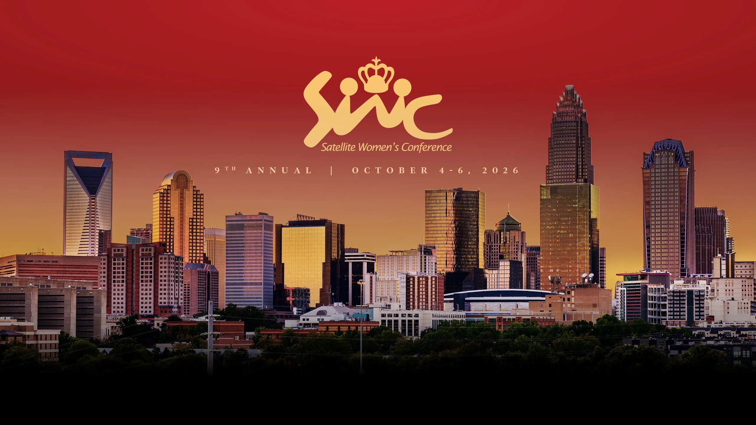 Charlotte, North Carolina skyline at sunset with Satellite Women's Conference logo and event date overlay