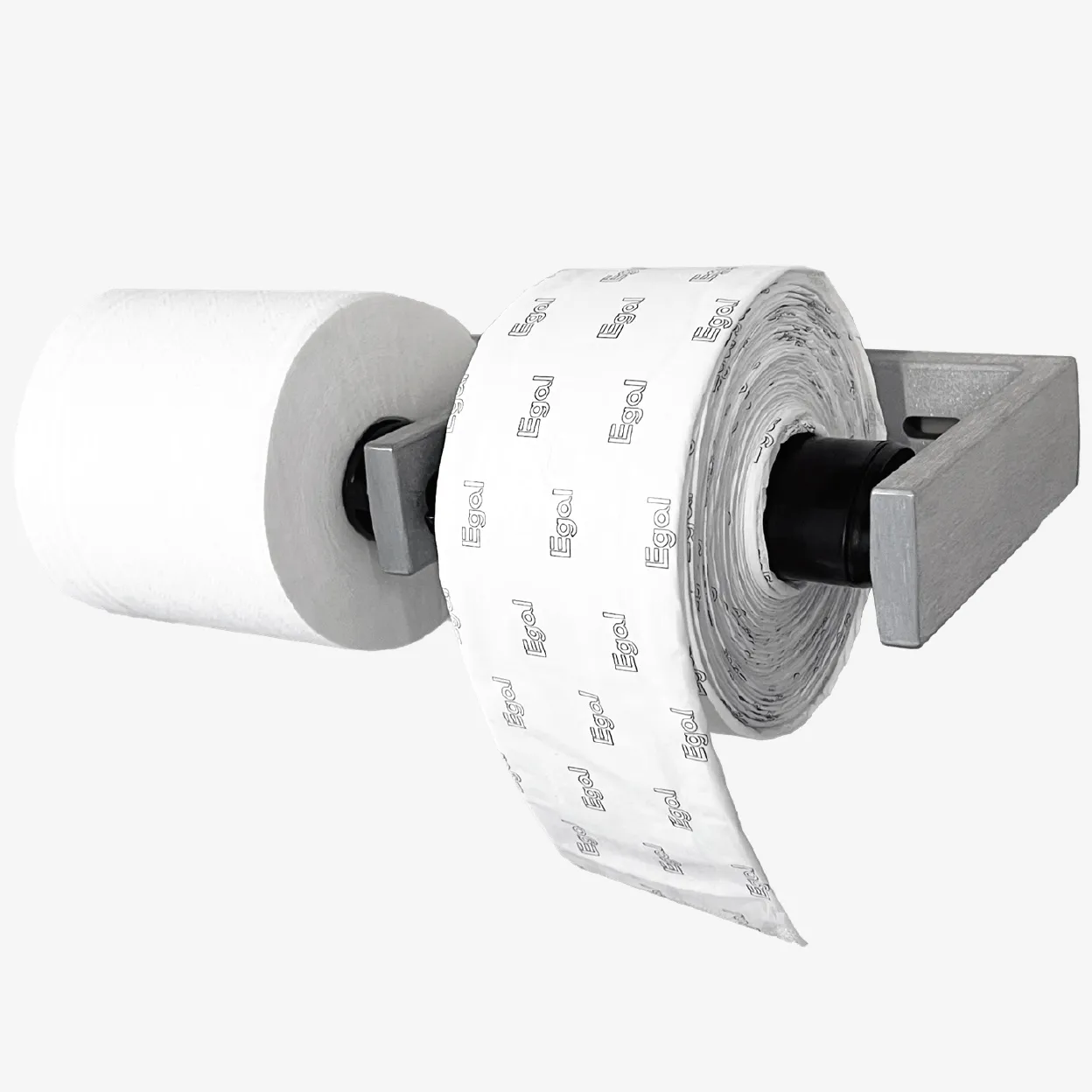 Wooden toilet paper holder with two rolls, one plain and one wrapped in Egal-branded paper