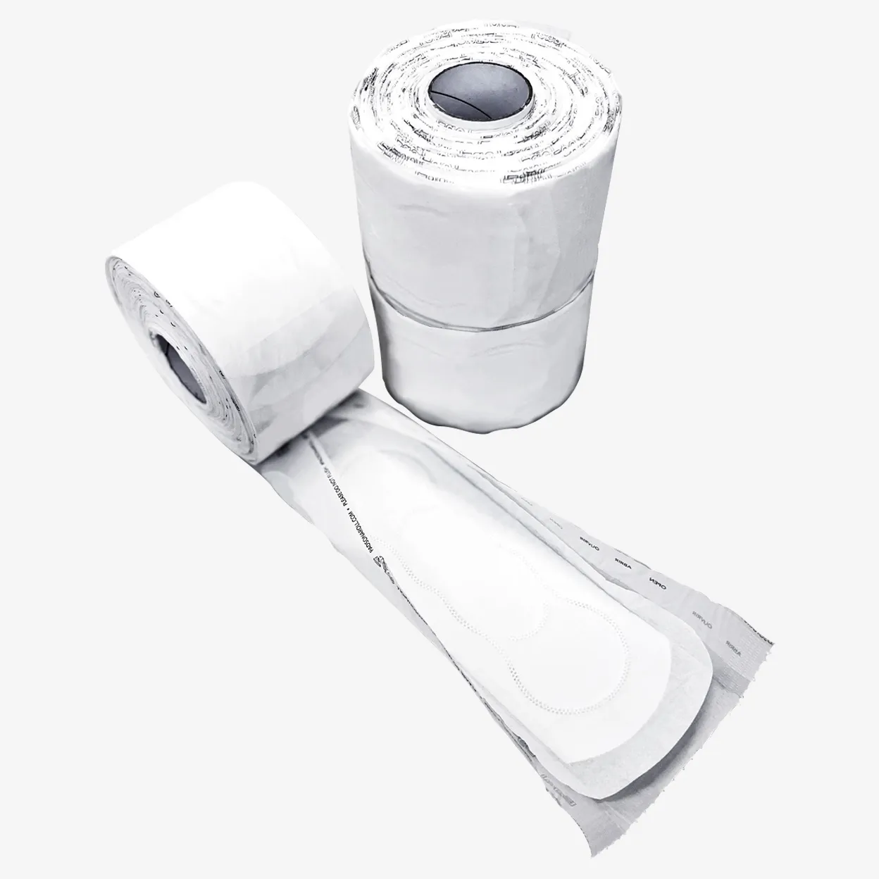 Rolls of individually wrapped sanitary napkins with one napkin partially unwrapped