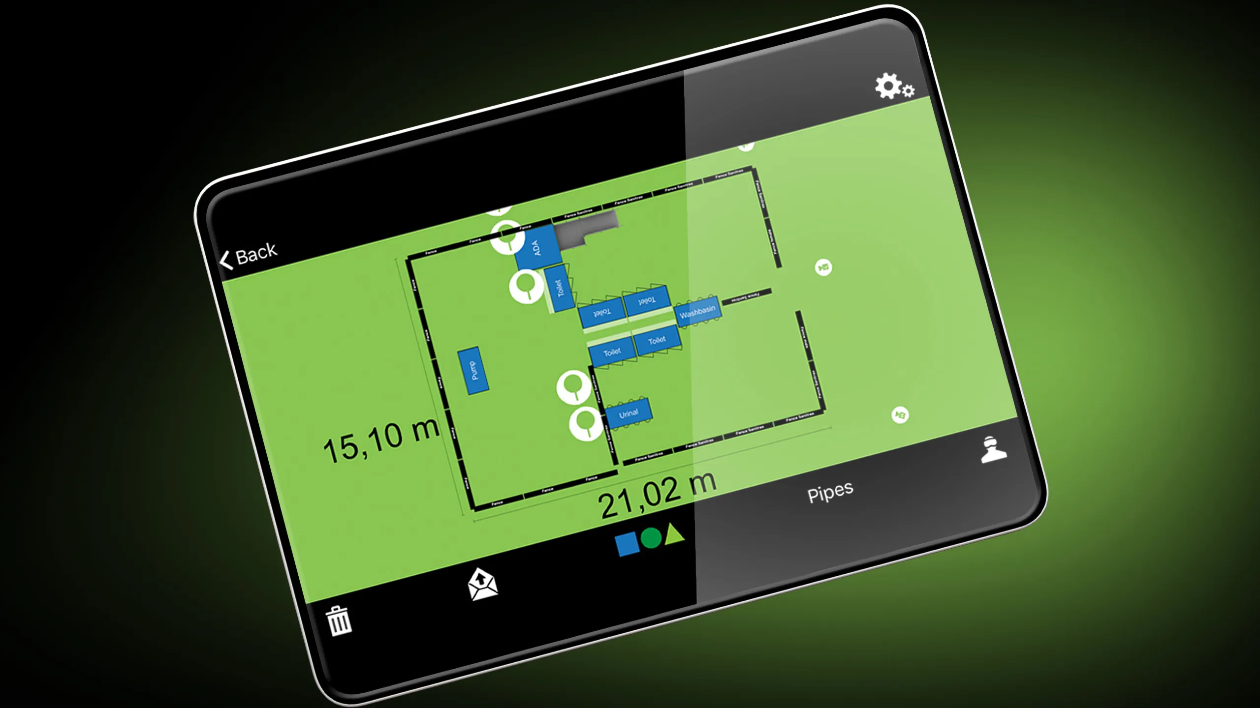Tablet screen showing a Sanitrax site layout with portable toilets, urinal, washbasin, and pump marked on a green background