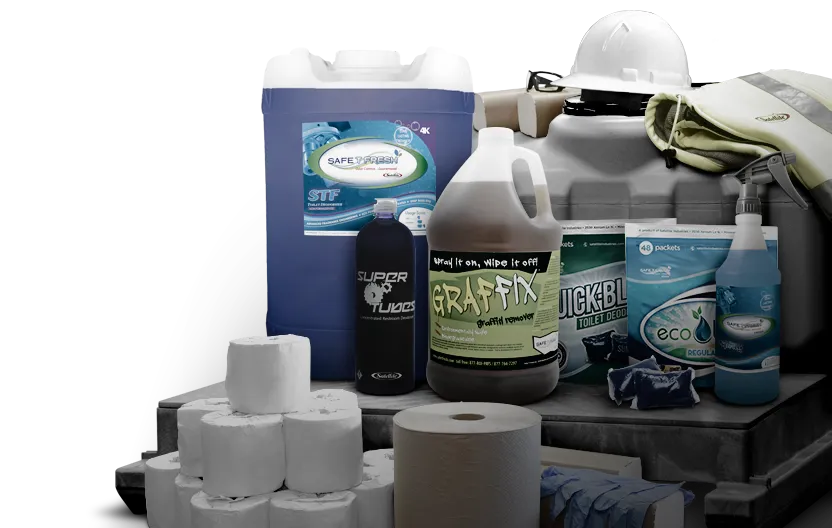 Various cleaning supplies including toilet paper rolls, graffiti remover, deodorizer, gloves, and safety gear.