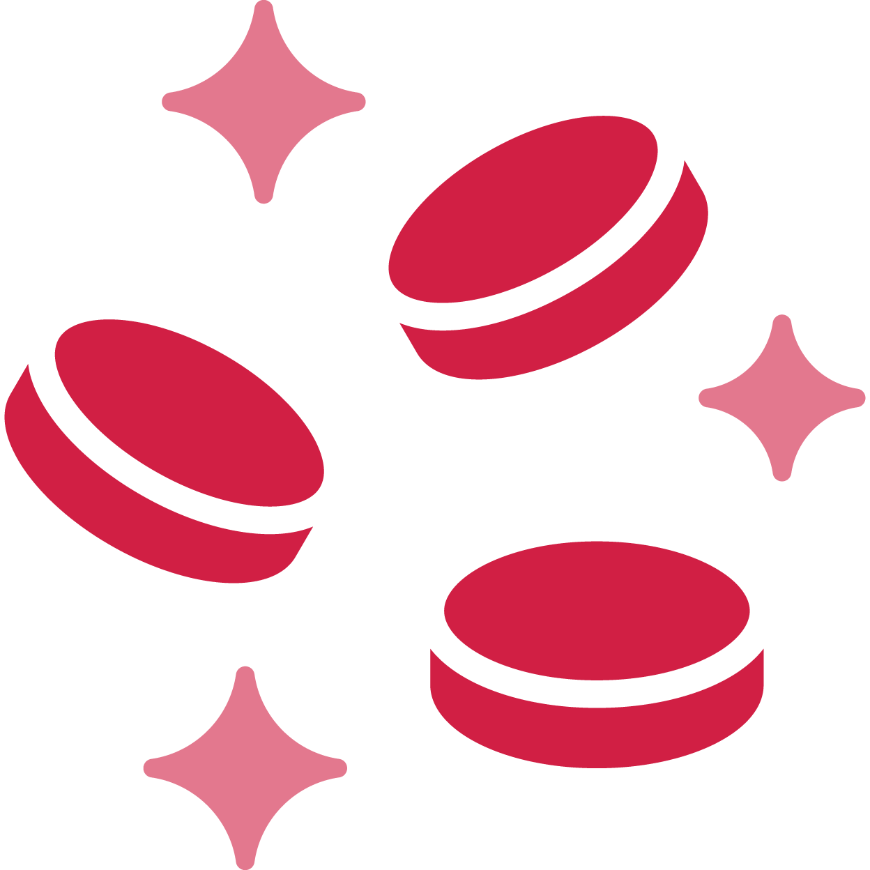 Three red circular coins with a black outline, surrounded by four sparkling stars.