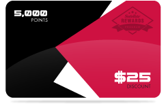 A black and red discount card displaying "5,000 POINTS" and "$25 DISCOUNT" at the bottom.