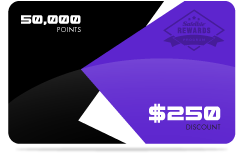 A rewards card displaying "50,000 POINTS" and "$250 DISCOUNT" with a purple and black design.