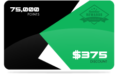 A discount card displaying "75,000 POINTS" and a "$375 DISCOUNT" with a green and black design.