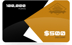 A rewards card displaying "100,000 POINTS" and "$500 DISCOUNT" with a stylish design.