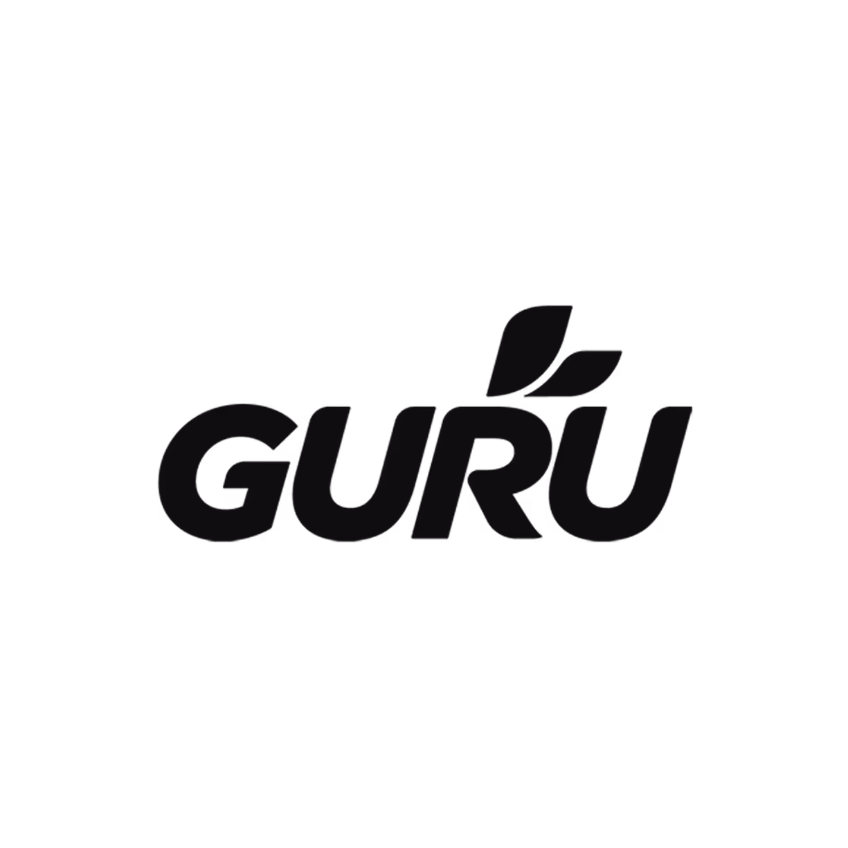 The word GURU in bold black letters with two stylized leaves above the letter R.