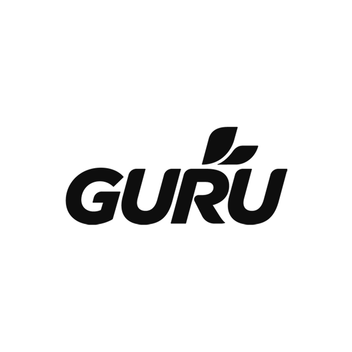 The word GURU in bold black letters with two stylized leaves above the letter R.