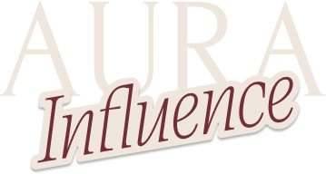 Text logo featuring the words AURA in large uppercase letters and Influence in italic script overlapping the bottom of AURA.