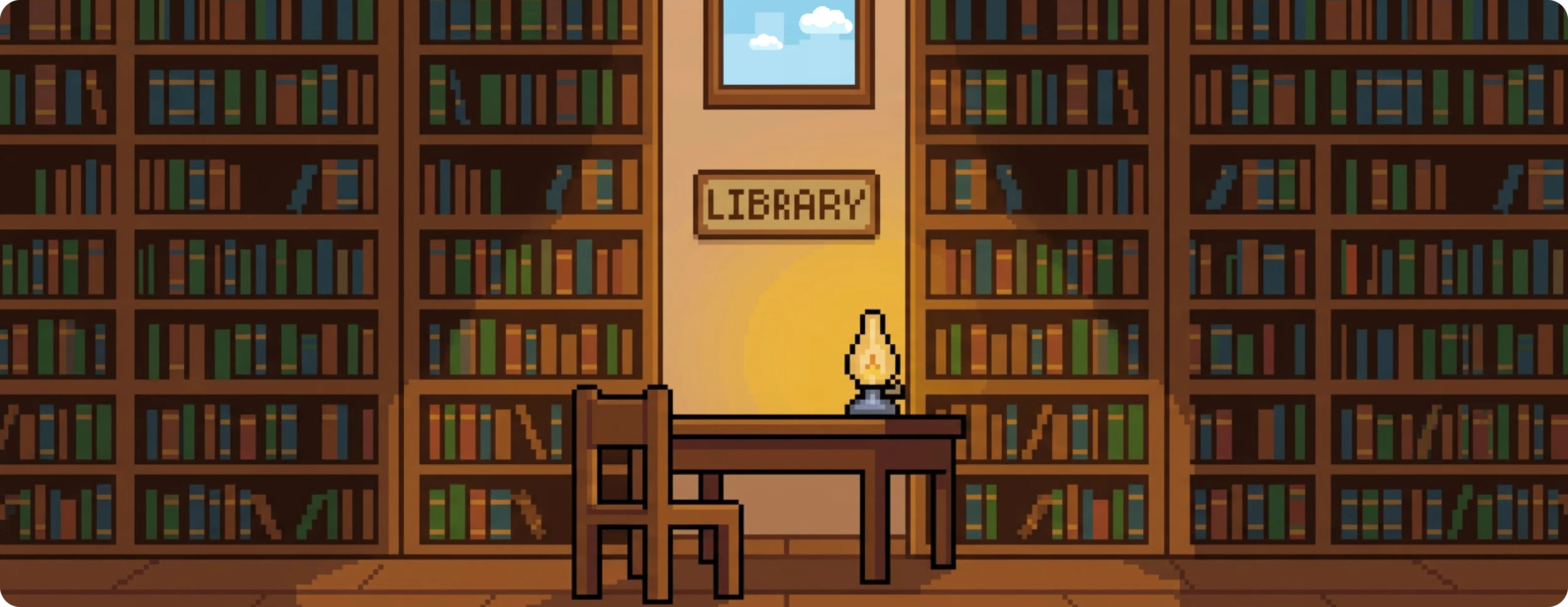 Pixel art style library room with tall bookshelves filled with books, a wooden table and chair at the center, an oil lamp on the table, a window showing a blue sky with clouds, and a sign labeled 'LIBRARY' on the wall.