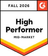 Badge with text 'Fall 2026 High Performer Mid-Market' and a red logo with a white stylized person in the top right corner.